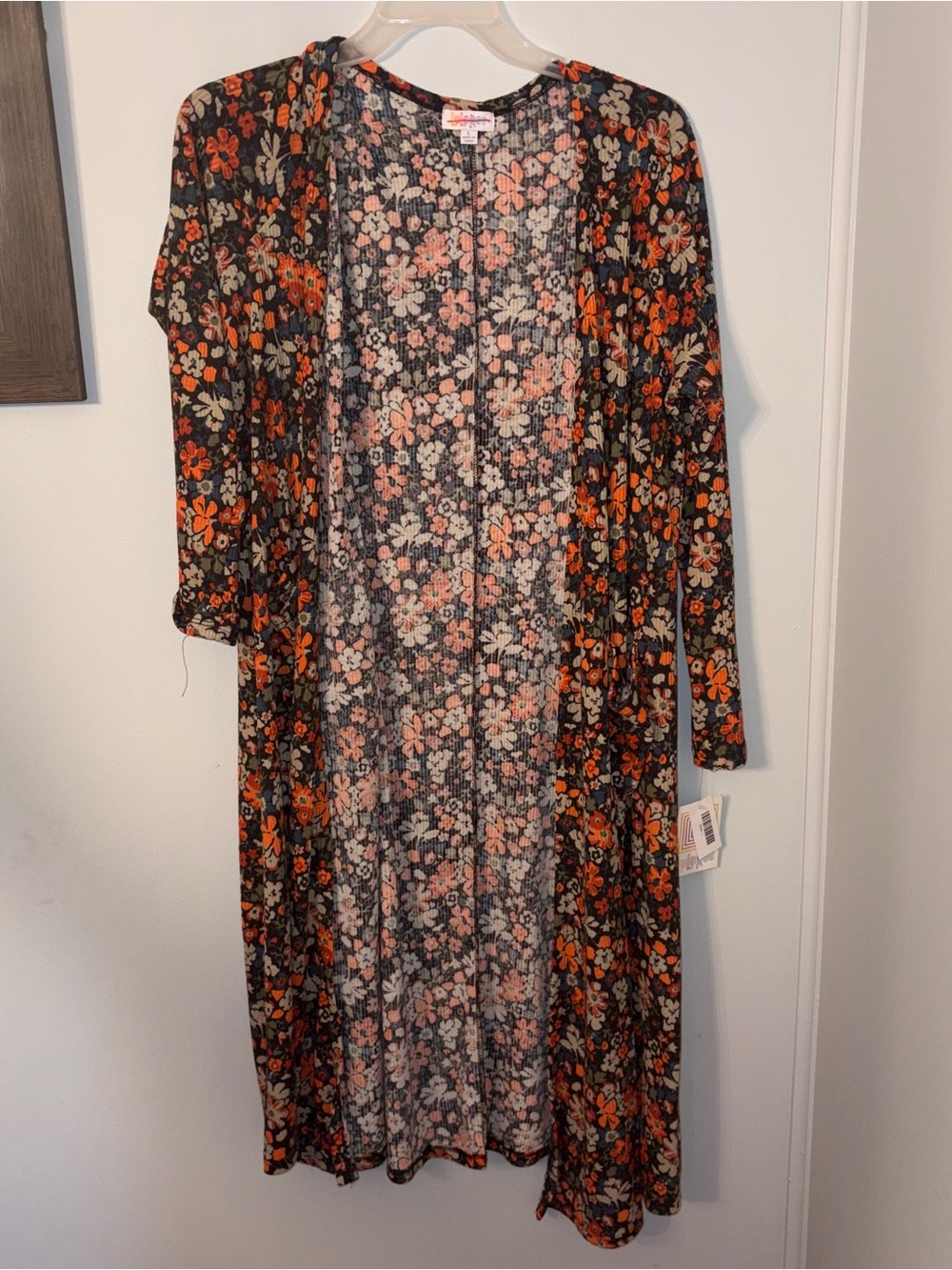 Lularoe Sarah orange floral print Long Duster Cardigan Open Front w/ Pockets